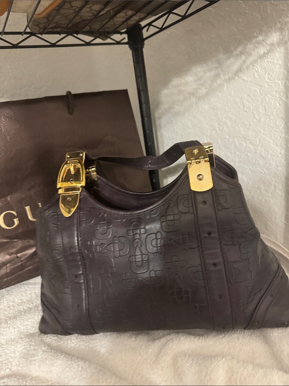 Gucci Embossed Leather Shoulder Bag in Dark Purple Brown with Gold Hardware
